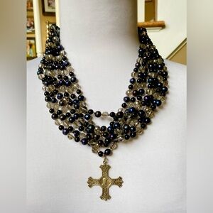 7 Layered Purple/Black/Blue Cross Pendant Beaded Choker Necklace